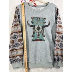 American Bling Aztec Bull Skull Rhinestone Sweatshirt Distressed NWT Size XL